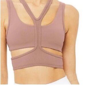 ALO Yoga Trackie Bra Crop Cutout Bra tankSandstone Tan Taupe Medium Perfect Cond